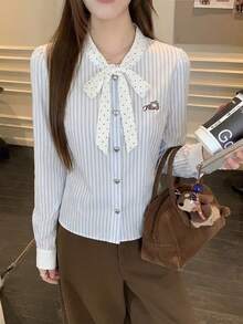 条纹前开襟纽扣家居服长袖衬衫