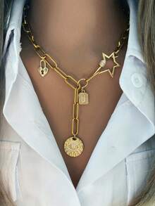 This Fashionable Women's Necklace Features A Gold Design, Including A Star-Shaped Clasp, A Letter Pendant, An Evil Eye Pendant, A Heart-Shaped Lock Pendant, And A Short Chain. With A Unique And Stylish Look, It Also Makes A Great Gift. - Gold - View 20