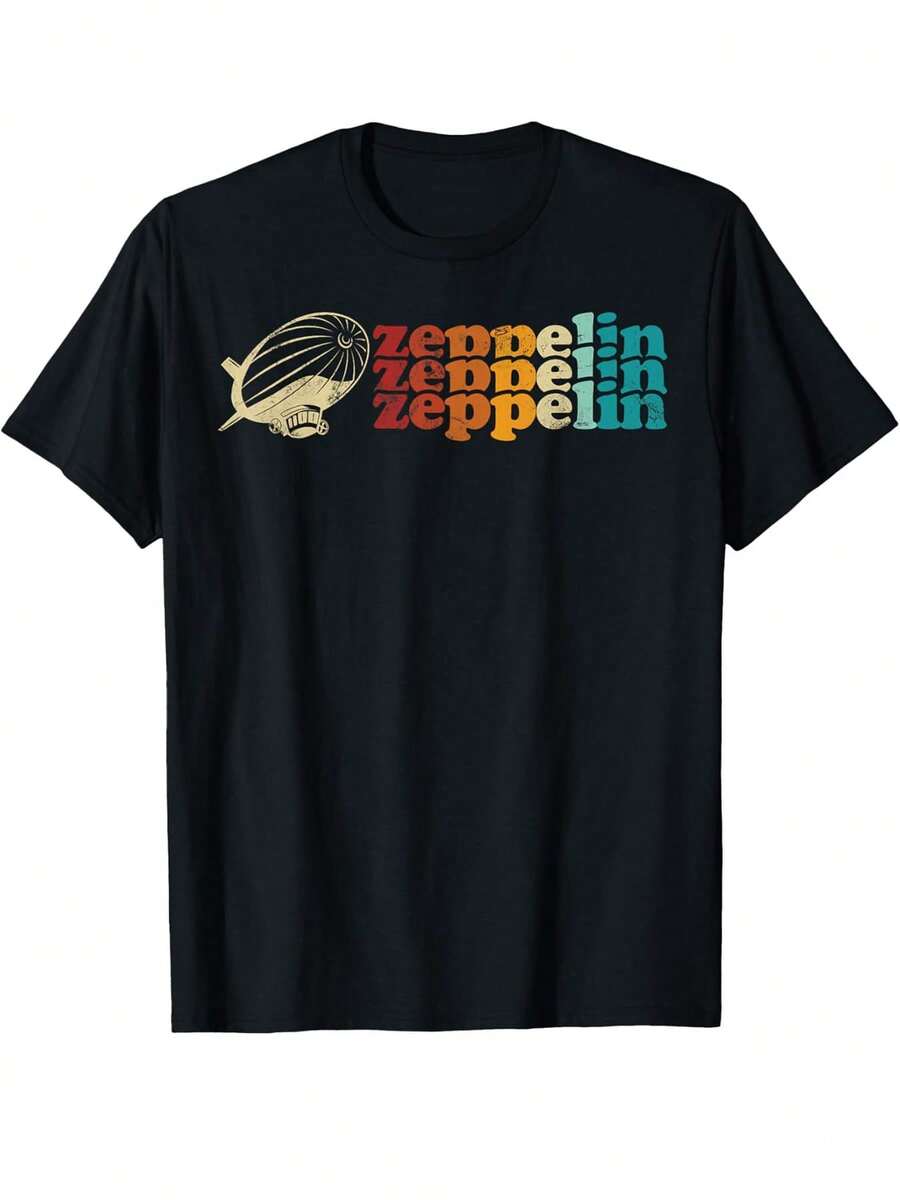 Camiseta de Algodón Retro Vintage Zeppelin Sunset 70s 80s Dirigible Desgastado Diseño Divertido DIY para Hombres, Suave, Transpirable y Cómoda, Casual y Deportiva, Regalos de Pascua y Día del Padre, TALLA GRANDE, L-5XL, Ropa para Todas las Estaciones Diseño Nostálgico Material Suave y Transpirable, TALLA GRANDE - Negro - Ver 1