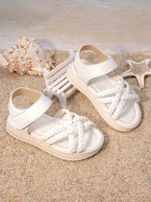 1 Pair Kids' Textured Braided Strap Sandals | Lightweight Anti-Slip Flat Open-Toe Daily Beach Shoes For Girls Summer - White - View 7