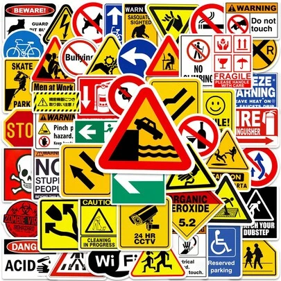 50/100pcs Cartoon Warning Sign Graffiti Stickers, Warning Logo Decals For Skateboard, Water Bottle, Decoration