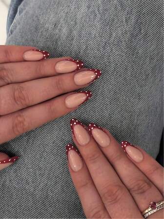 24 st. mellanstora mandelformade nagelstickers, röda franska prickiga design, minimalistisk stil, heltäckande, lämplig för kvinnor och flickor vardagskläder, höst/vinter lösnaglar