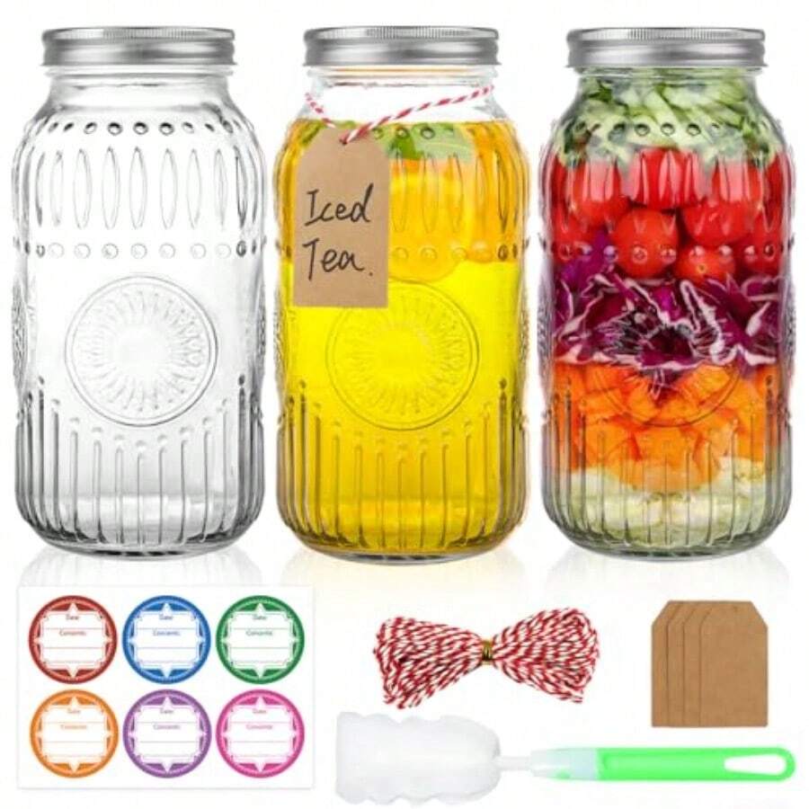 Tarros de boca ancha de 64 onzas paquete de 3 tarros grandes de medio galón con tapas y bandas herméticas tarros de vidrio transparente para conservar decapado fermentación preparación - Transparente - Ver 1
