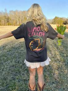 女士柠檬印花圆领短袖T恤，休闲度假风上衣，时尚夏季日常休闲装