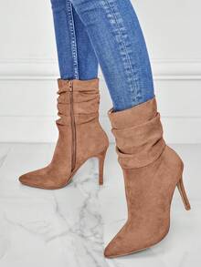 女士秋冬尖头褶皱侧拉链时尚靴，10厘米仿鹿绒面革优雅户外修身小腿靴，派对靴 - 棕色 - 查看 6