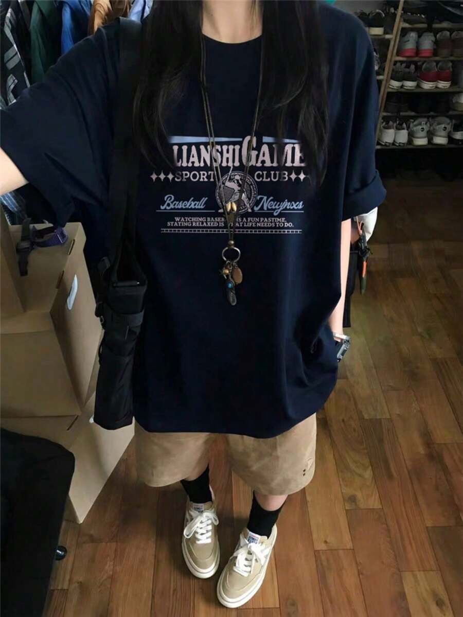 Japanese Style Women Loose Casual Crew Neck Cartoon Letter Print Short Sleeve T-Shirt, Spring/Summer - Dark Blue - View 1