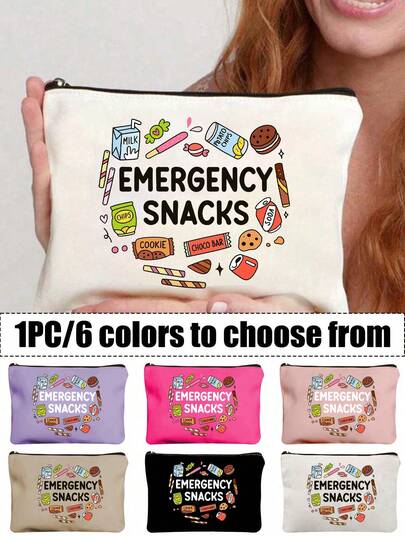 "Emergency Snacks" Letter Printed Storage Bag, Multi Functional Storage Bag, Makeup Bag, Dinner Out, Sisters Party, Snack Party,Christmas Gift, Teacher, Friend, Nurse, Cosmetic Bag, Gift Bag For Female Friends, Travel Souvenirs, Birthday, Women's Day, Party, Bridesmaid Cosmetic Storage Bag, Toiletry Bag, Storage Bag, Cosmetic Bag,