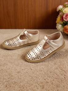 女童金色平底鞋，幼儿皮鞋，儿童玛丽珍鞋，透气镂空鞋 - 金色 - 查看 4