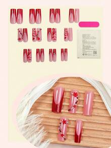 24片情人节亚克力美甲贴片，法式红色长方形亮片美甲贴片，带嘴唇、爱心、XXL/XXXL装饰花朵水钻设计，时尚Y2K风格，表面光滑，全覆盖假指甲，适合女性和女孩，情人节日常约会美甲用品 - 彩色 - 查看 2