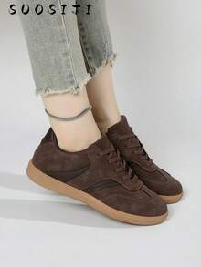 Women's Multifunctional Fashion Casual Shoes, Flat Non-Slip Lace-Up Round Toe Rubber Sole Casual Sneakers, Brown Contrast Color, Suitable For Daily Wear, Gump Style Casual Shoes, Size 36-41, - Brown - View 7