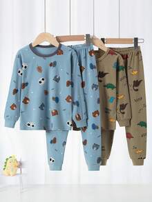 4件套男童卡通恐龙印花睡衣套装，春秋季，长袖上衣和裤子，树叶和小熊印花睡衣 - 彩色 - 查看 1