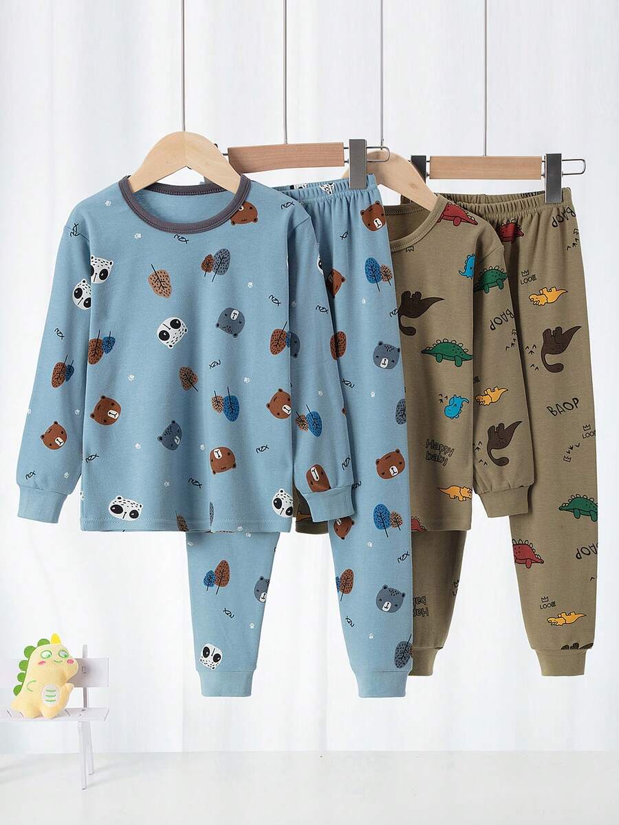 4件套男童卡通恐龙印花睡衣套装，春秋季，长袖上衣和裤子，树叶和小熊印花睡衣 - 彩色 - 查看 1