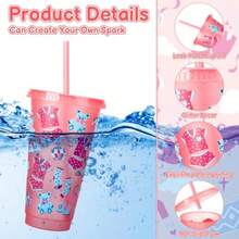 12 tazas para fiesta de pijamas con tapas y popotes 24 onzas con purpurina suministros para fiesta de pijamas para niñas - Rosa - Ver 3
