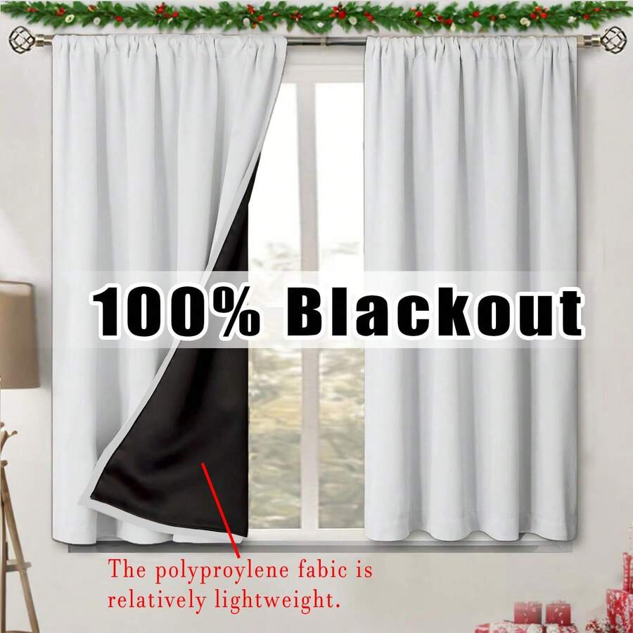 2pcs 28inch Solid Blackout Small Window Curtains, Rod Pocket Top, Lightweight, Black Lining, Polyester Fabric, All Season, Washable, Suitable For Kitchen, Bedroom, Cafe, Office, Room Darkening, Summer Sun Shading - Silver - View 1