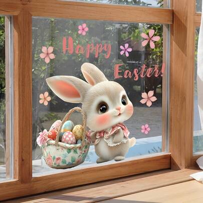 1pc Cute Easter Bunny & Eggs Window Cling, Double-Sided Transparent Static Cling Glass Sticker, Suitable For Spring Easter Bedroom, Living Room, Home, Cabinet Window Decor