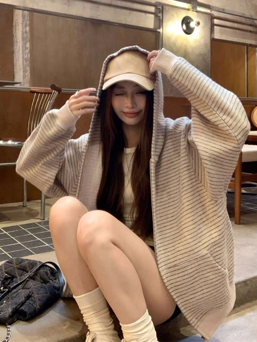 秋季复古宽松条纹连帽卫衣外套，女士长袖上衣，休闲春季款 - 杏色 - 查看 1
