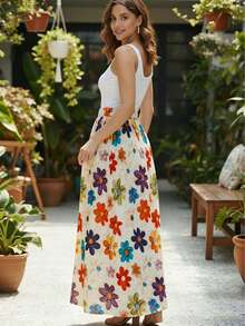 女士优雅波西米亚风印花长款喇叭裙，采用无弹力涤纶面料，打造休闲夏日造型 - 杏色 - 查看 4