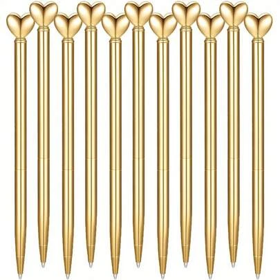 11 piezas Bolígrafos retráctiles con forma de corazón dorados, bolígrafos de metal elegantes con tinta negra, adecuados para bodas, despedidas de soltera, Día de San Valentín, herramienta de escritura exquisita