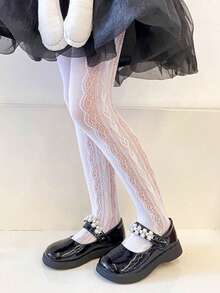 1件装女童白色镂空侧边连裤袜，洛丽塔公主风，饰有羽毛和爱心图案，轻盈透气，适合春夏穿着，可用于返校、度假、旅行和日常搭配。 - 白色 - 查看 10