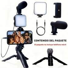 Kit de videoblogging portátil con LED. Soporte telefónico. Ideal para vivir al aire libre, videollamadas y videoblogging. Adaptador de auriculares tipo C no incluido - Negro - Ver 2