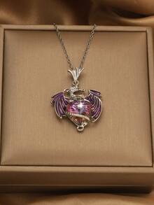 1件精美诞生石龙形吊坠项链，心形卡通翼龙设计，女士款 - 彩色 - 查看 4