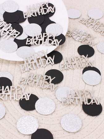 100pcs Silver & Black Glitter Happy Birthday Confetti - Loose Festive Table Scatter Decor For Party Celebrations, Paper Material, Suitable For Indoor & Outdoor Use, Birthday Party Decoration