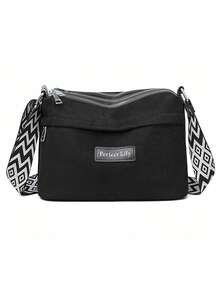 女士时尚纯色斜挎包，麂皮绒面料柔软材质中年背包，新款春秋季单肩包，大容量多隔层通勤邮差包 - 黑色 - 查看 5