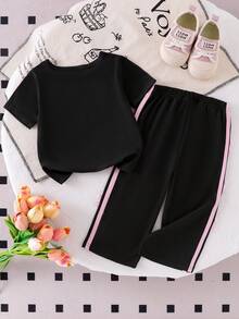 2pcs Baby Girl Casual Sports Style Bow Print Black Short Sleeve T-Shirt Top And Striped Bow Decor Pants Set - Black - View 3
