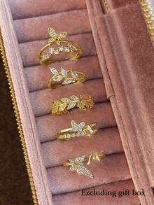 Bộ 5 chiếc nhẫn thời trang, cá nhân hóa, tinh tế, cao cấp hình bướm và lá, đính đá Cubic Zirconia siêu nhỏ, có thể điều chỉnh kích cỡ, sang trọng cho các bữa tiệc, họp mặt, kỳ nghỉ (Không kèm hộp quà). - Vàng - Xem 10