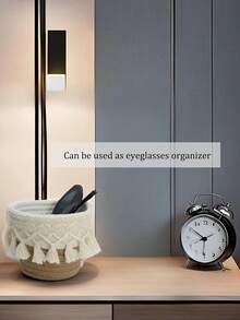 1pc Handmade Woven Cosmetic Storage Box, Makeup Organizer, Mini Basket, Boho Decor Basket, Small Storage Basket, Boho Beach Style Room Decor, Makeup Brush Holder, Brush Holder, Ivory Color Pouch, Brush Holder, Brush Rack, Perfume Storage Box, Cosmetic Bag, Gift For Her, Christmas Gift, Ideal For Bedroom, Living Room, Office, Back To School , Makeup Room Decor - Multicolor - View 4