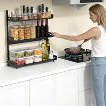 2025 Model Kitchen Spice Rack | Three-Tier Height-Adjustable Standing Spice Rack | Large-Capacity Rust-Proof Metal Condiment Storage Rack | Kitchen Storage Rack, Suitable For Pantries And Bathrooms (Length 19.6 Inches * Height 21.2 Inches, Black) Gift For Home Holiday Decorations - 黑色 - 查看 9