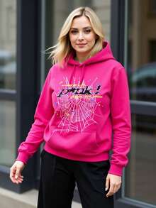 Women's Hip Hop Spider Web Pattern Graphic Alphabet Print Y2k Hoodie - Màu Hồng Tươi - Xem 2