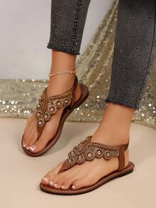 女士时尚性感个性化波西米亚猫眼人字拖大码平底凉鞋，适合日常宴会、通勤、度假和节日穿着。 - 棕色 - 查看 8