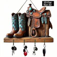 2D Flat Western Ranch Key Holder Wall Organizer, Brown Saddle With Turquoise Accent Wall Hanging Rack With Hooks & Hanging Chain, Vintage Farmhouse Western Home Decor For Entryway Hallway Living Room, Perfect Housewarming Gift - Multicolor - View 3