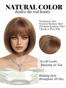 10 Inch Short Straight Wig, Women's Elegant Brown Heat-Resistant Synthetic Wig With Bangs, Bob Hairstyle, Suitable For Everyday Wear - 深棕色 - 查看 2