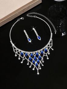 Vintage Full Diamond Jewelry Set - Palace Style Necklace + Earrings, High-End Bridal Banquet Jewelry - Royal Blue - View 3