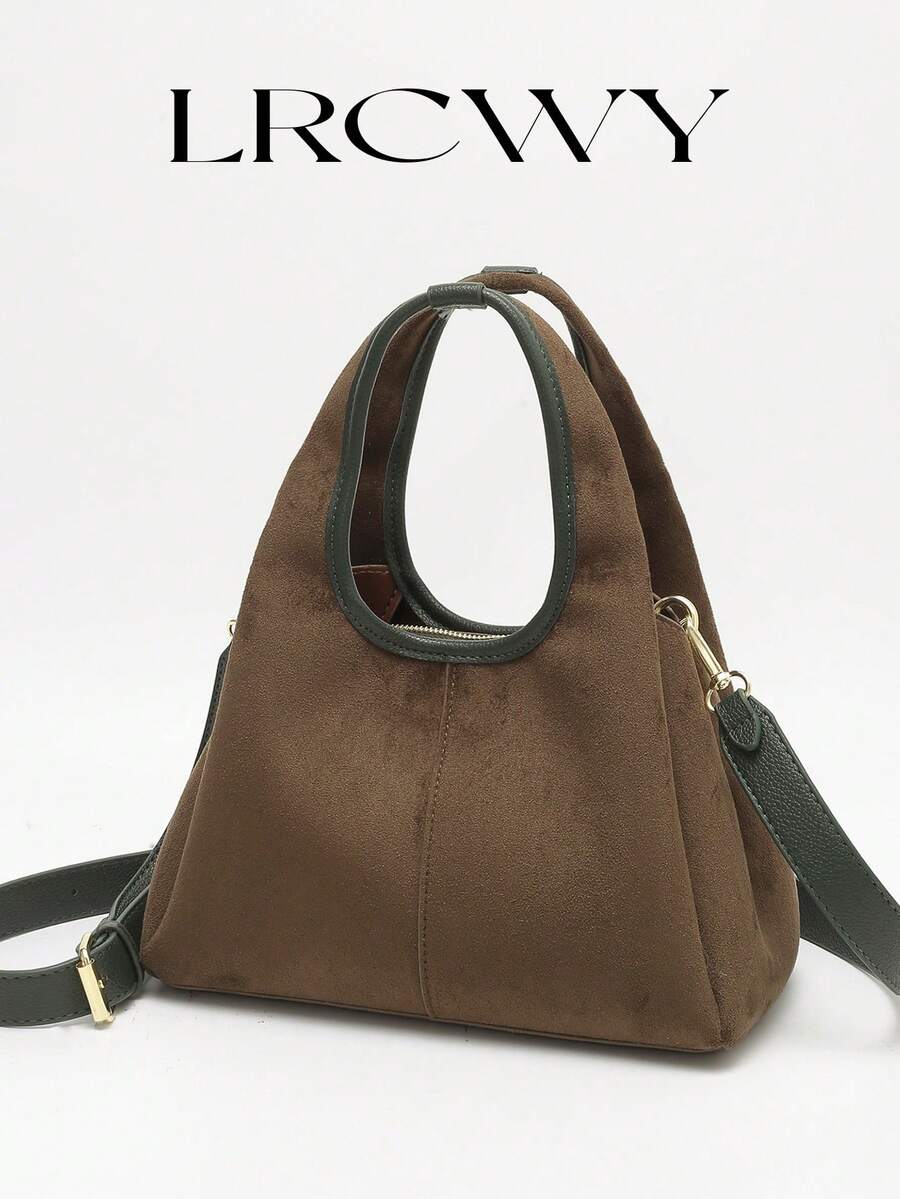 Borsa da donna alla moda, borsa a secchiello, elegante e minimalista, di grande capacità, colore verde oliva, con tracolla - Verde Scuro - Visualizzare 1