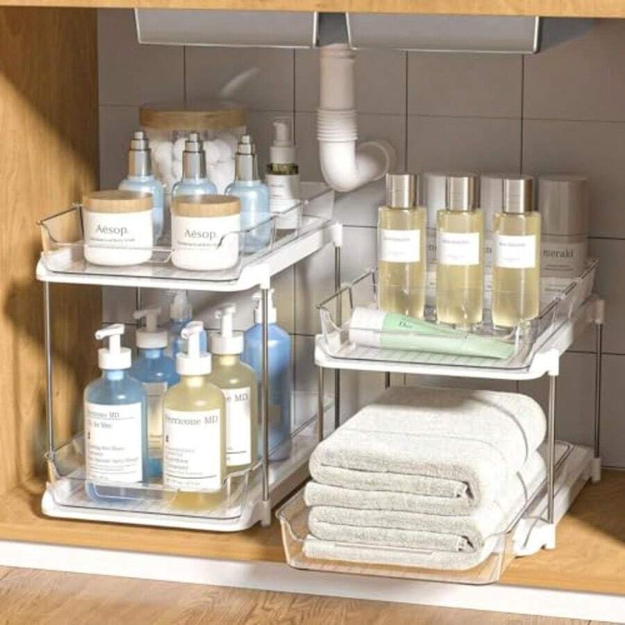 CYPNTimotech Organizador Debajo del Fregadero de Cocina Organizador de Baño Multiusos de 2 Niveles Organizador y Estante de Almacenamiento Extraíble con 8 DivisoresFashion - Transparente - Ver 1