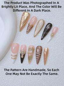 10 Stück Y2K Nägel Stiletto Aufklebe-Nägel Set - handgefertigt, rosa Nägel, goldene Nägel, braune und schwarze French Tip Nägel, handgemachter 3D goldener Ring und 3D goldenes Muster, handgezeichnetes Zebra-Streifen- und Punktdesign, handgezeichnete funkelnde Katzenauge-Nägel, funkelnde goldene Kreuz- und Stern-Akzente, zarte anmutige Nägel - perfekt für Partys & Lässig-Outfits - Verschiedenfarbig - Übersicht 4