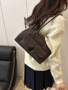 1 pieza Bolso de mano tipo tote vintage minimalista, decorado con bolsillos, con asas dobles, adecuado para uso casual y de commuting diario de mujeres - Café - Ver 5
