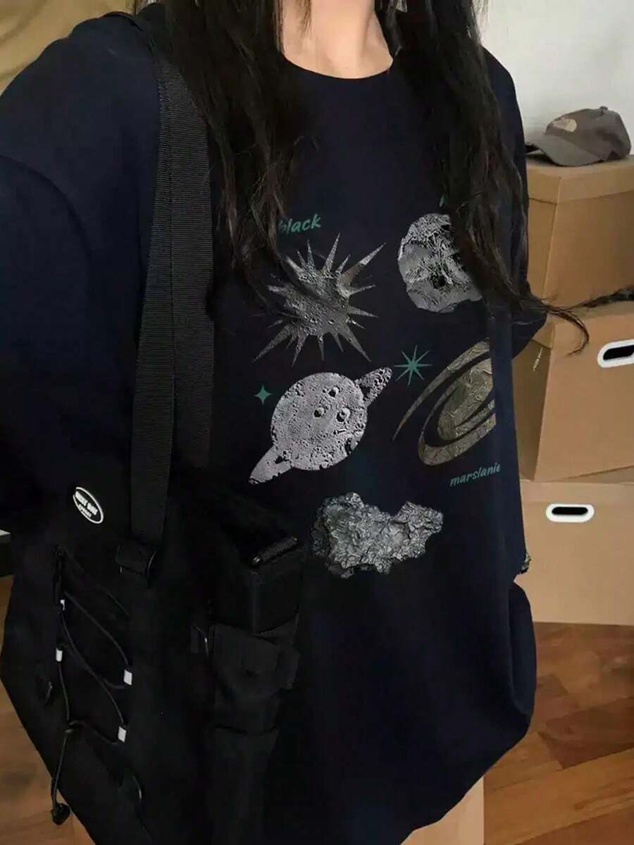 Japanese Style Women Loose Casual Round Neck Cartoon Letter & Starry Print Short Sleeve T-Shirt, Spring/Summer - Dark Blue - View 1