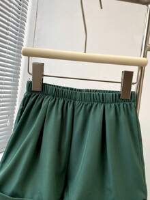 2 peças/Conjunto Blusa com Manga Bufante Floral e Shorts para Meninas, Conjunto de Roupas Fashionistas de Verão - Verde - Visão 8