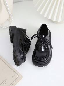 1 Pair Versatile Leather Dress Shoes, Simple Lace-Up Design, PU Leather Matte Finish, Round Toe, Casual British Style, Suitable For 5-15 Years Old Students, School, Ceremony, Daily Casual Wear, Spring/Summer New Arrival - Black - View 7