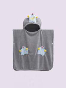 1pc Coral Fleece Children Hooded Bathrobe, Cute Cartoon Design, Absorbent Shawl, 70x140cm - Grey - View 6