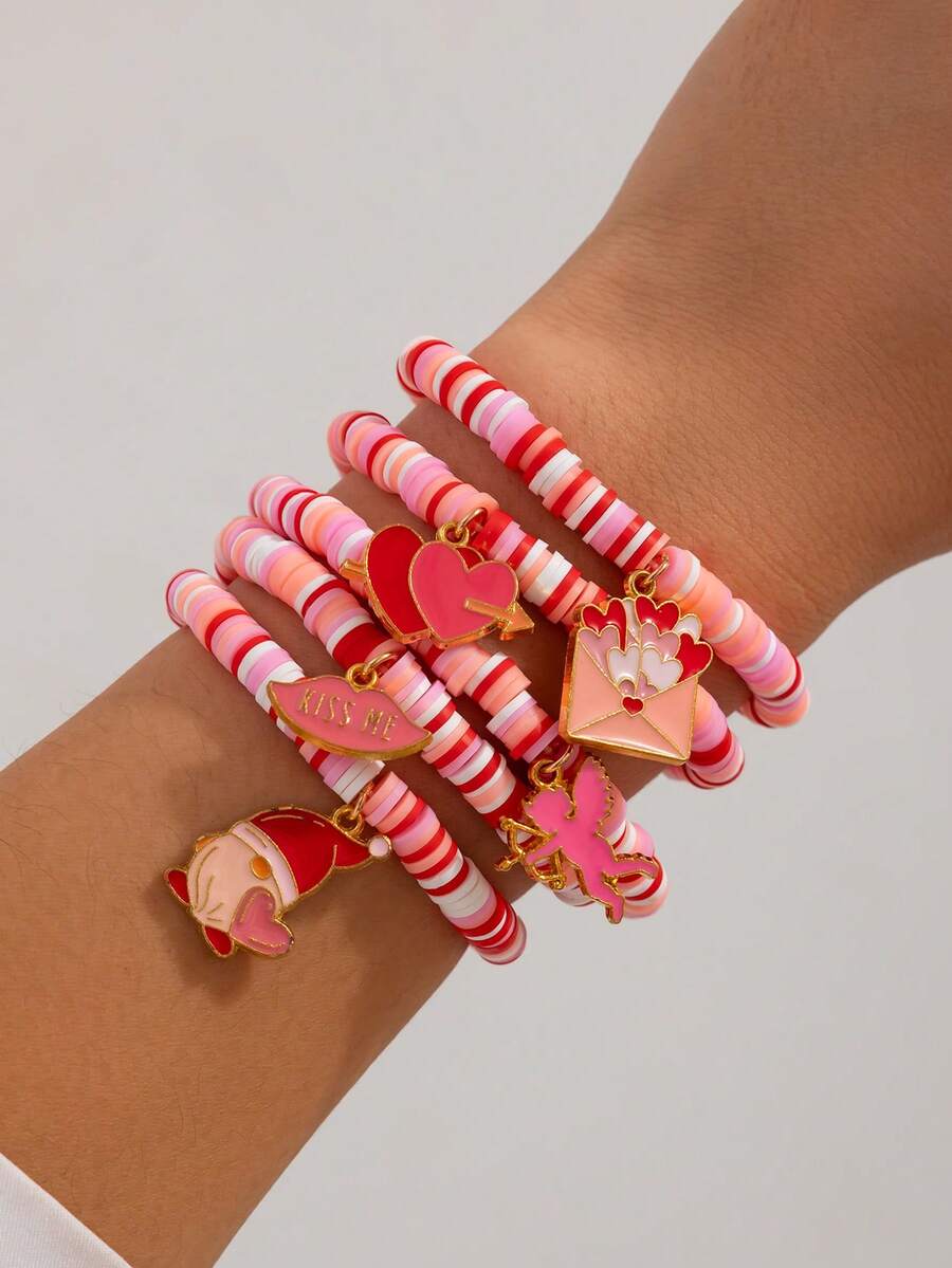 5件套情人节可爱手链套装！包含丘比特吊坠和情书吊坠，粉白红条纹叠层串珠手链，送给女友/闺蜜/姐妹的礼物，情人节限量版