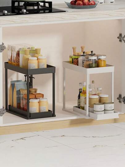1pc/2pcs Sliding Drawer Double Layer Plastic Pull-Out Sink Organizer Rack, Double/Triple Tier Kitchen Storage Shelf, Sink Organizer, Kitchen Utensil Storage Box, Spice Storage Box, Drawer Storage Rack - Multifunctional Kitchen & Bathroom Storage Solution, Black/White Sink Organizer And Storage Cabinet