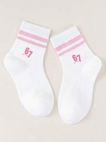 5 Pairs Of Children's Socks With White Striped Numbers 67 Printed Short Socks, Student Style Casual Breathable Short Tube Socks, Mid Tube Socks