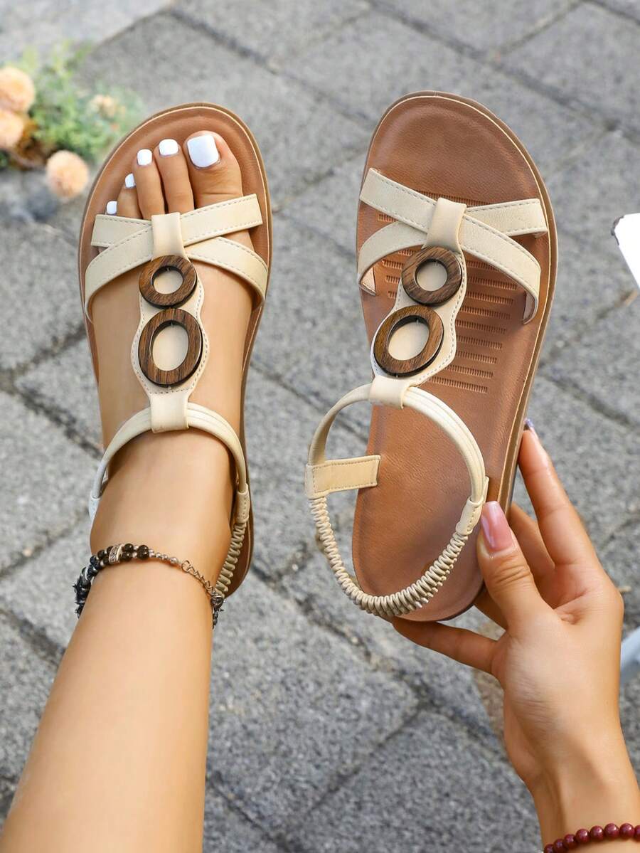 Dép xăng đan đế bằng nữ kiểu dáng Bohemian, quai co giãn, kiểu La Mã, thích hợp cho bãi biển, mùa hè, cỡ lớn đến 42. - Màu be - Xem 1