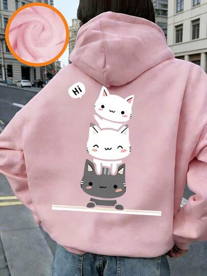少女可爱猫咪印花保暖套头卫衣，秋冬季保暖舒适，适合休闲、街头和校园穿着。