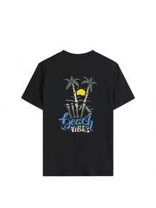 男童休闲沙滩主题图案T恤，设计时尚，适合儿童夏季穿着，青少年衬衫 - 黑色 - 查看 2